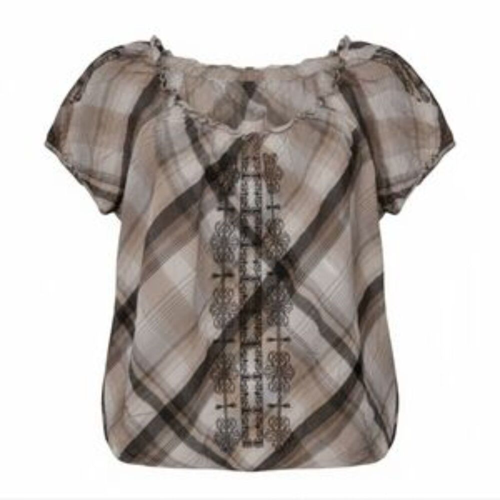 Style & Co. Brown Neutral Plaid Embroidered Boho Blouse
